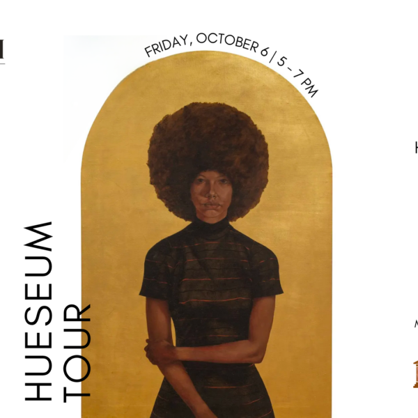 Black woman with afro in front of golden arch surrounded by the words "Hueseum Tour", Friday, October 6, 5-7pm. To the right side is additional text: "Barkley L. Hendricks: Portraits at the Frick. Frick Madison. 945 Madison Avenue, New York, NY. Register via Museumhue.com."