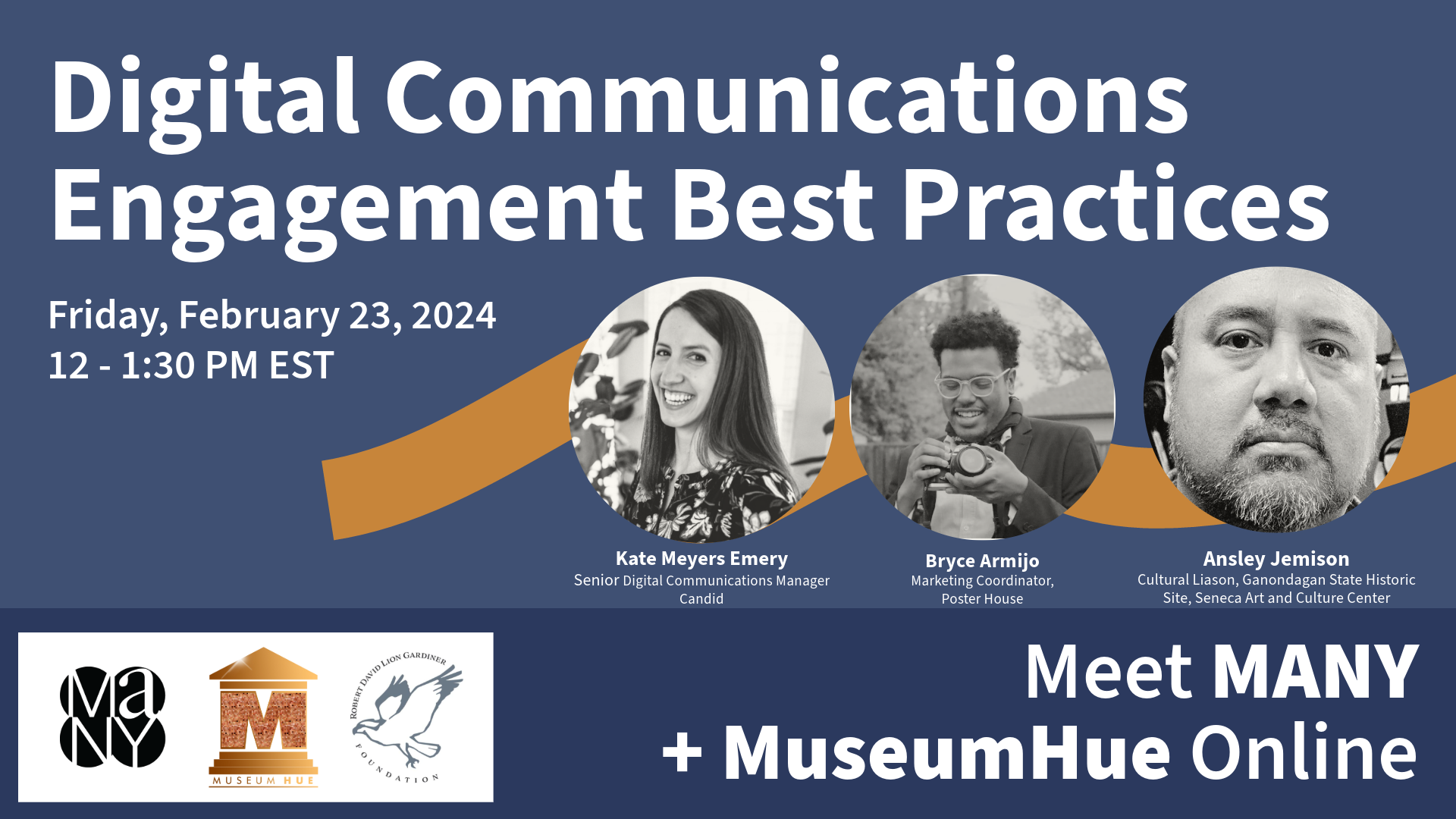 Visual advertisement with the three headshots of the speakers with the title, "Digital Communications Engagement Best Practices"